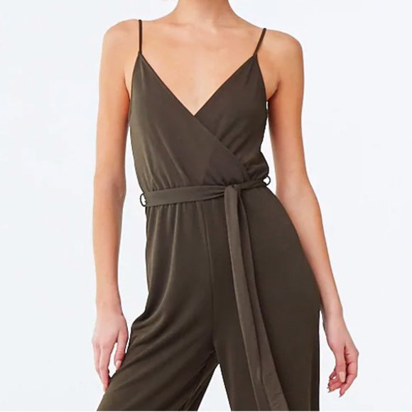 Olive Green Surplice V Neck Wide Leg Belt Jumpsuit - Picture 3 of 8